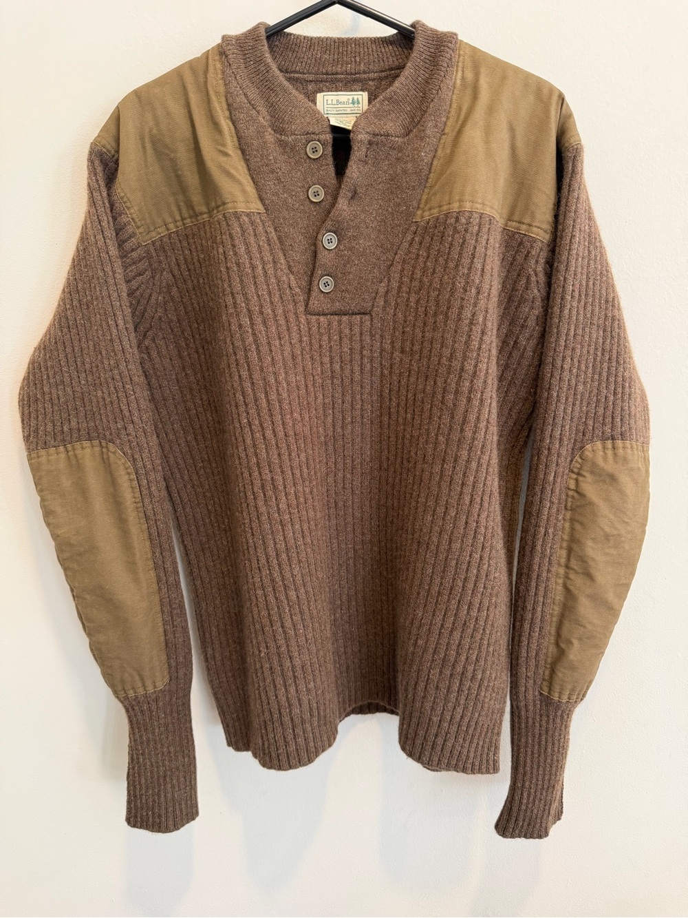 LL Bean Vintage Commando Sweater Brown Merino Wool Cotton  Elbow Patches Mens XL